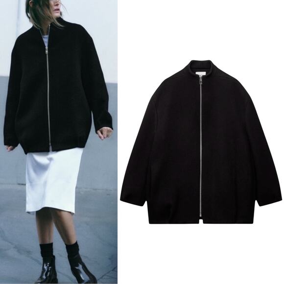 Zara Monteco Wool Front Zip Oversized Bomber Jacket Black Size XS - Picture 1 of 12